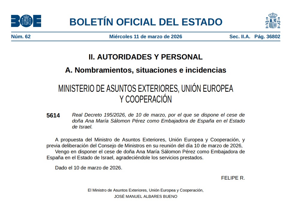 חתימת המלך, על הרחקת השגרירה הספרדית מתל אביב